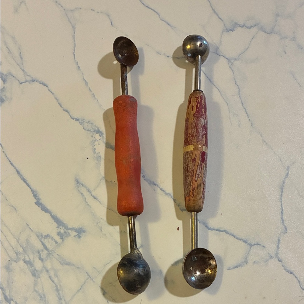 Vintage Dual-Sided Metal Melon Baller with Wooden Handles - Set of 2.